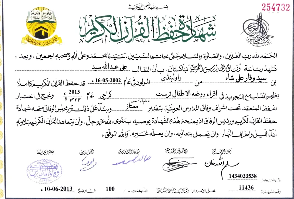 Wifaq ul Madaris Al Arabia Hifz ul Quran certificate
